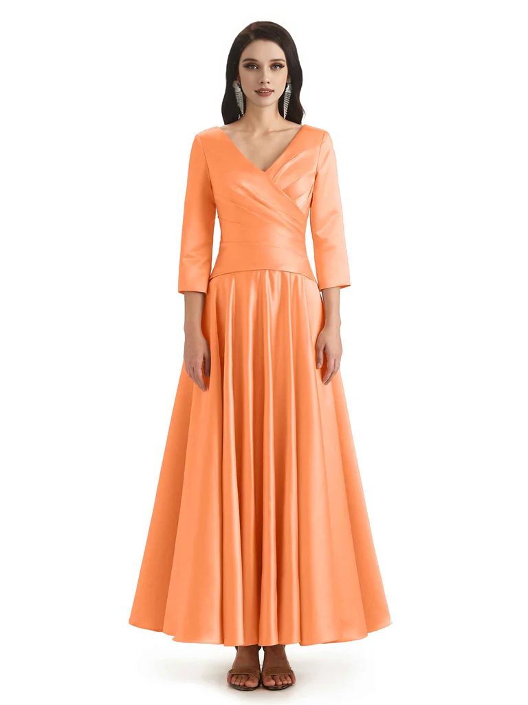 Elegant Soft Satin 3/4 Sleeves V-Neck Ankle Length Mother of The Bride Dresses