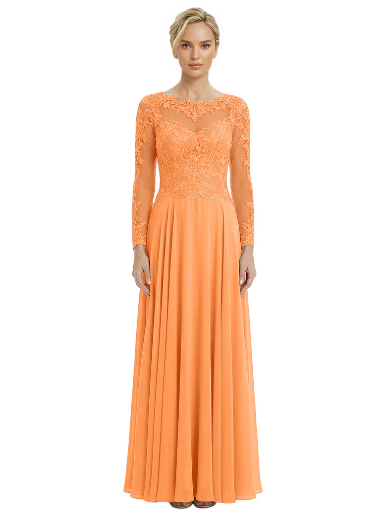 Mother of The Bride Dresses Scoop Long Sleeve Lace Chiffon Maxi Gown Pretty Embroidered Formal Wedding Event Attire