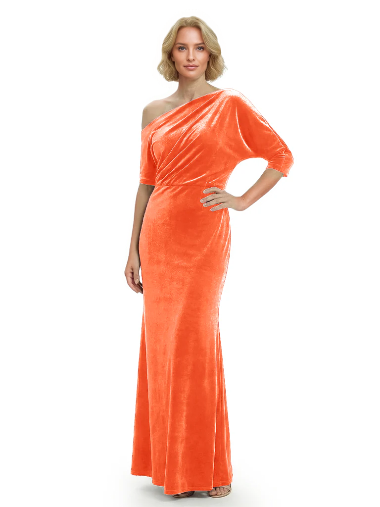Sophisticated Asymmetrical Neckline Velvet Half Sleeves Maxi Mother Of The Groom Dress