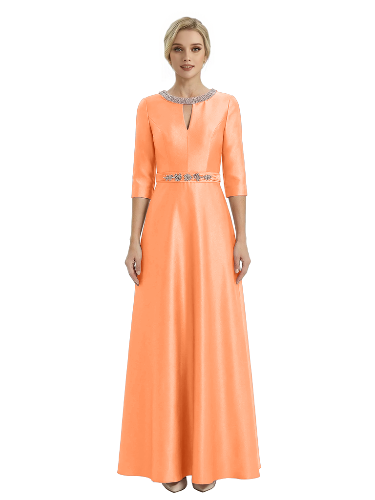 Sophisticated 3/4 Sleeves Beaded A-Line Satin Mother Of The Bride Dress