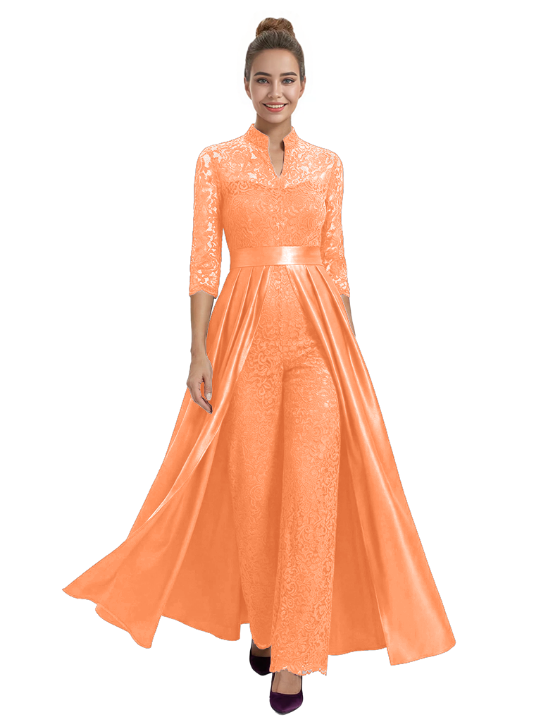 Mother of The Groom Outfit V-Neck 3/4 Sleeve Lace Pantsuit Satin Overskirt