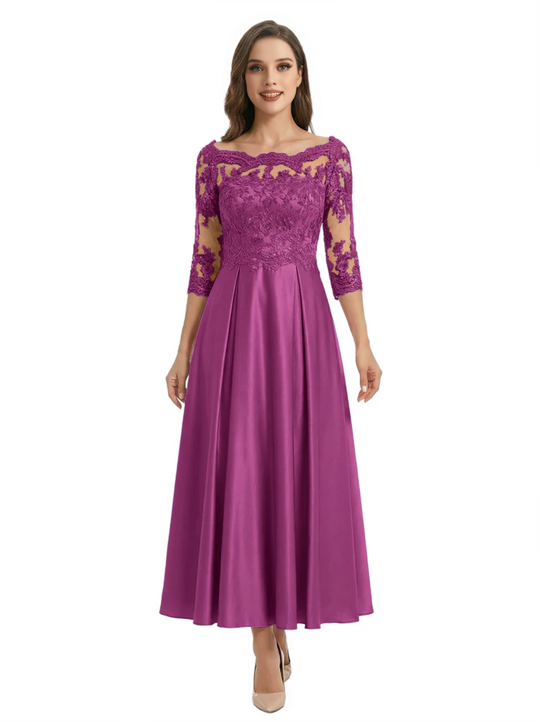 Mother of The Groom Dress Off Shoulder 3/4 Sleeve Lace Satin Midi Gown Classy Pleated