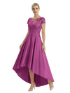 Elegant Mother of The Bride Dress Scoop Short Sleeve Lace Satin High-Low A-Line Gown