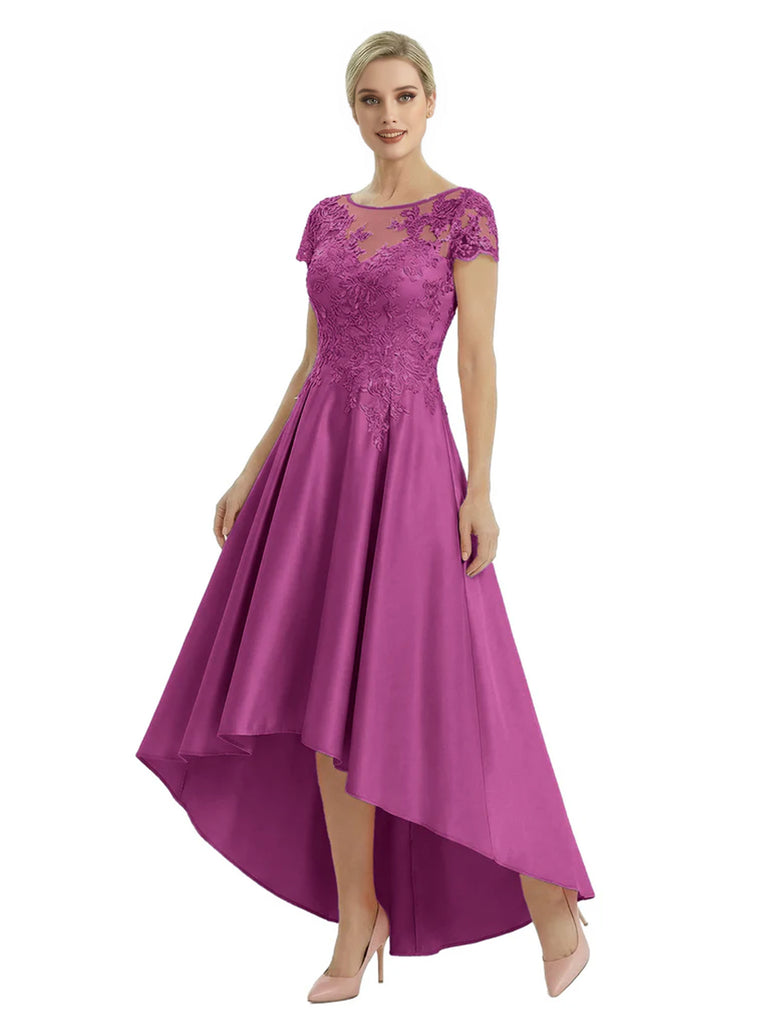 Elegant Mother of The Bride Dress Scoop Short Sleeve Lace Satin High-Low A-Line Gown