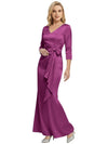 Mother of The Bride Dress Elegant V-Neck 3/4 Sleeve Satin Trumpet Maxi Gown