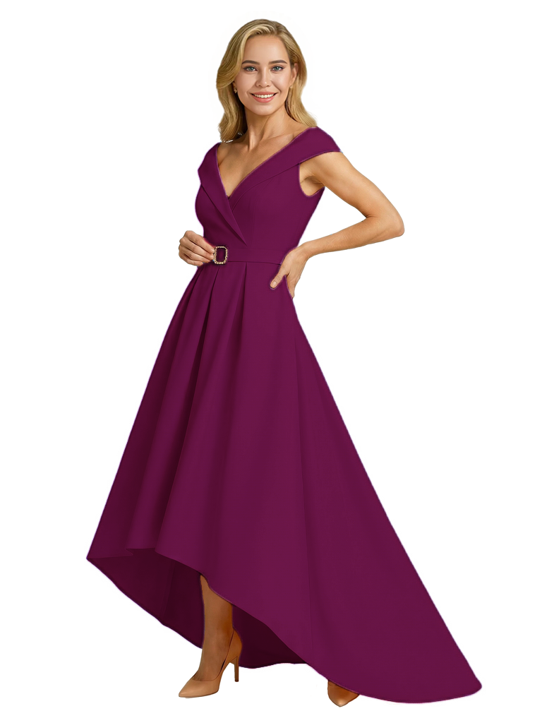 Mother of The Groom Dress Fancy Cap Sleeve Crepe High-Low A-Line Gown Elegant Belt Accent