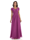 Elegant Short Sleeves Beaded Pleats A-line Floor-Length Mother of The Bride Dresses