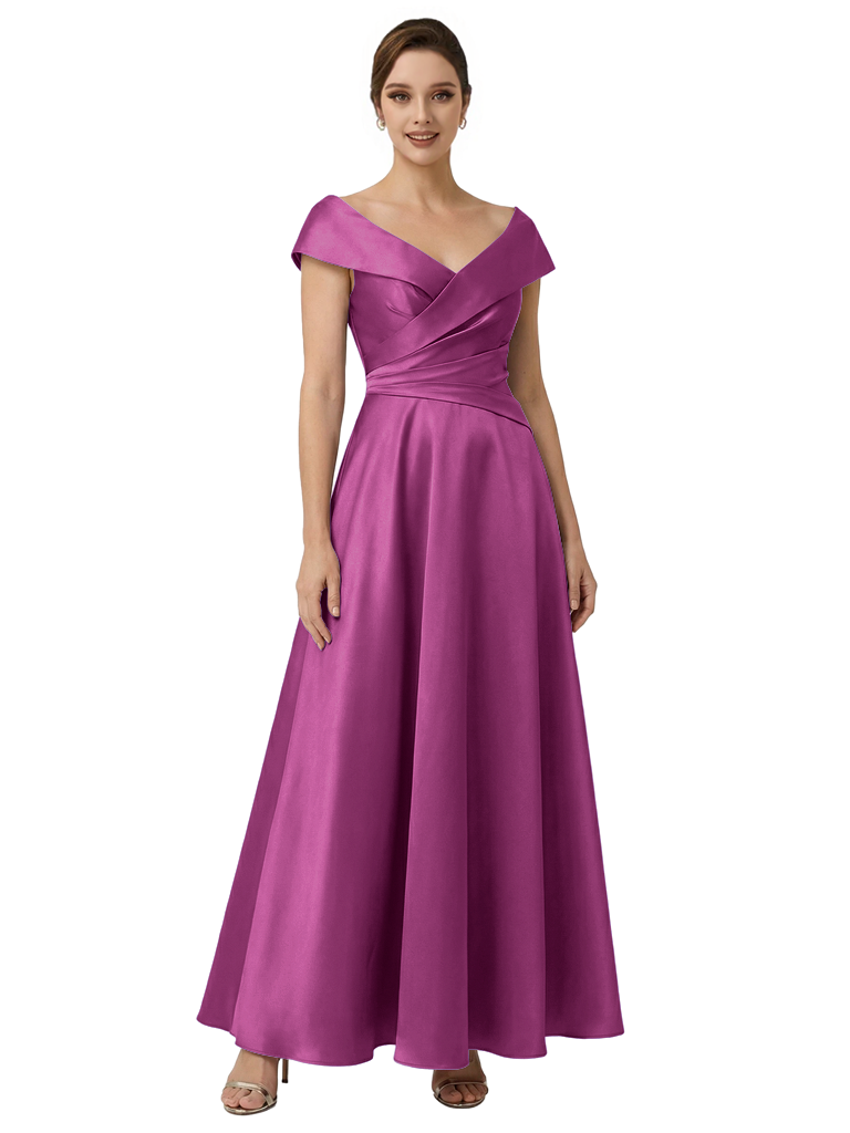 Sophisticated Off Shoulder Sleeveless A-Line Satin Mother Of The Bride Dress