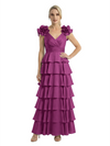Mother of The Bride Dresses V-Neck Sleeveless Satin Tiered Maxi Gown Unique Flower Detailed Formal Wedding Event Attire
