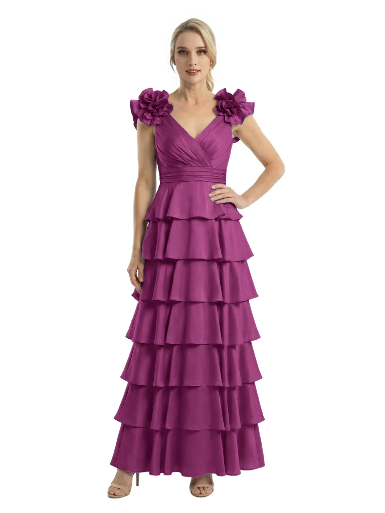 Mother of The Bride Dresses V-Neck Sleeveless Satin Tiered Maxi Gown Unique Flower Detailed Formal Wedding Event Attire