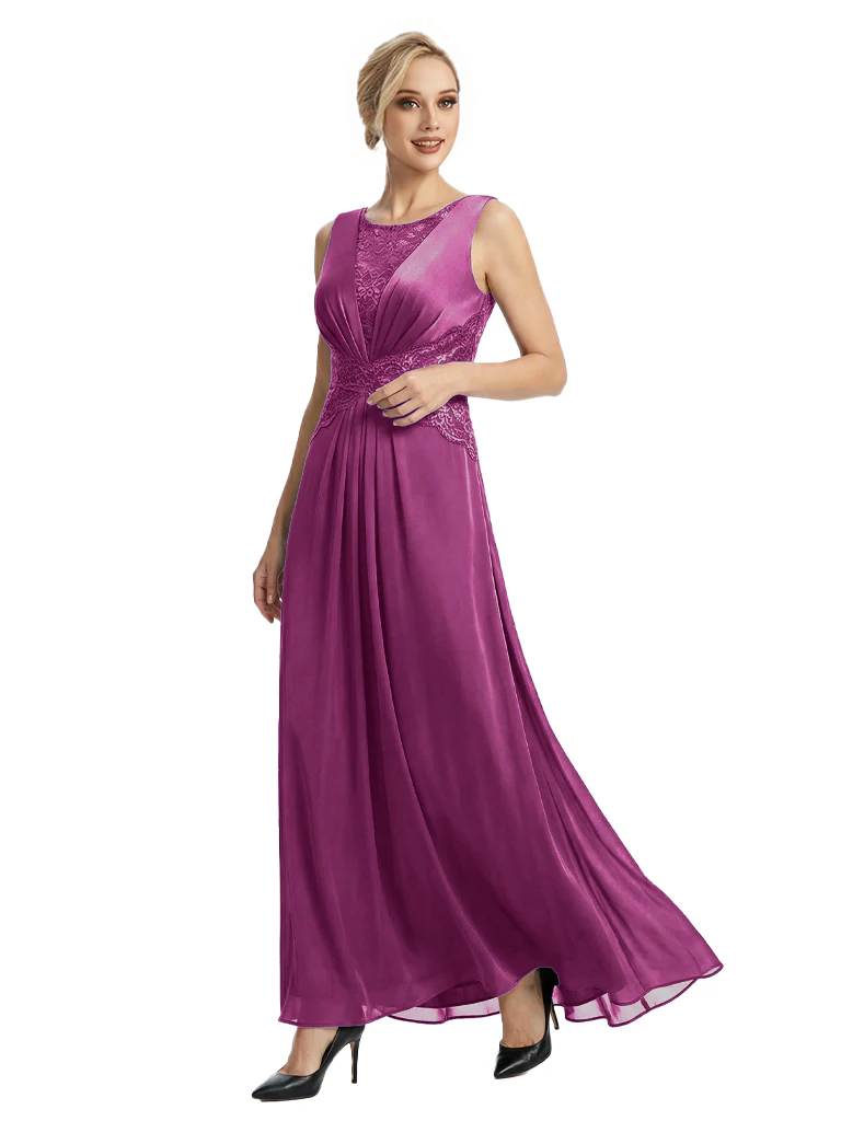 Mother of The Bride Dresses Scoop Sleeveless Lace Chiffon Maxi Gown Classy Ruched Formal Wedding Event Dress