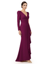 V-Neck Long Sleeves Ruffle Crepe Mother Of The Groom Dress Mermaid