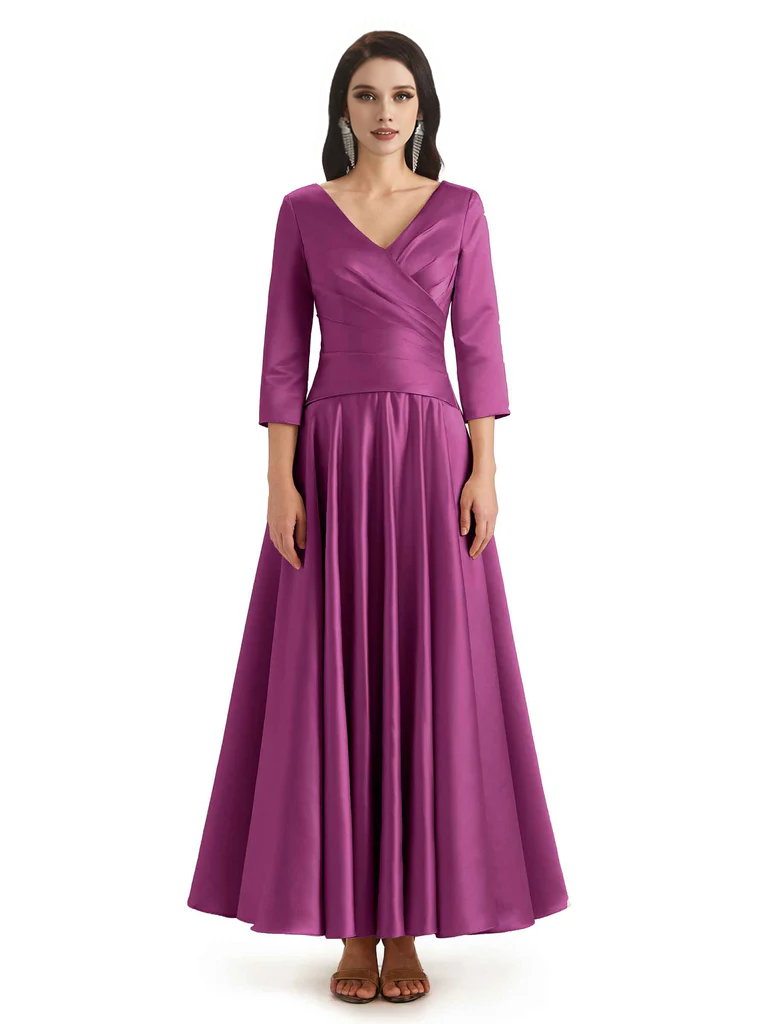Elegant Soft Satin 3/4 Sleeves V-Neck Ankle Length Mother of The Bride Dresses