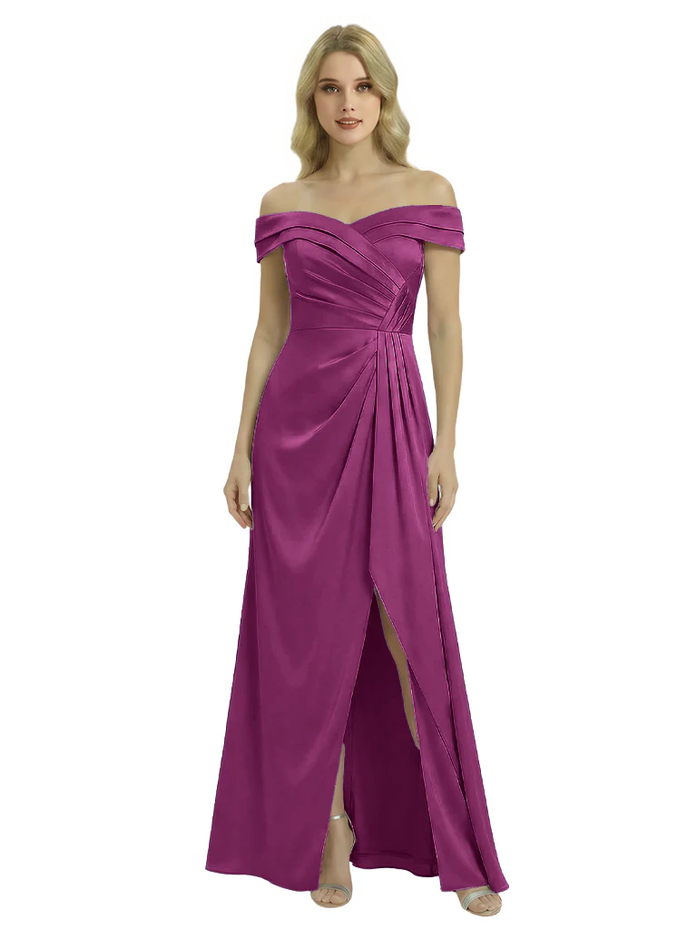 Off The Shoulder Mother Of The Groom Dresses Side Slit Satin Ruched A-Line Gown