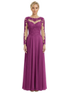 Mother of The Bride Dresses Scoop Long Sleeve Lace Chiffon Maxi Gown Pretty Embroidered Formal Wedding Event Attire