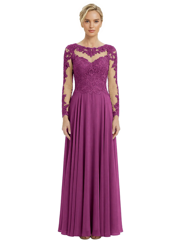 Mother of The Bride Dresses Scoop Long Sleeve Lace Chiffon Maxi Gown Pretty Embroidered Formal Wedding Event Attire