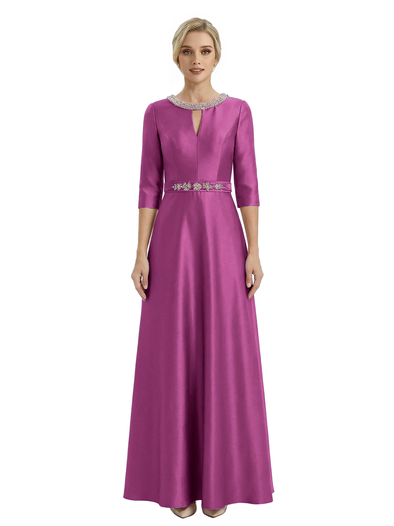 Sophisticated 3/4 Sleeves Beaded A-Line Satin Mother Of The Bride Dress