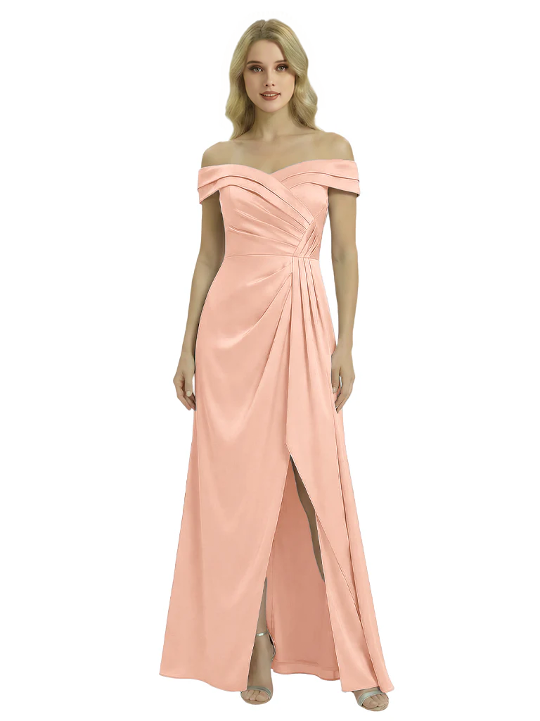 Off The Shoulder Mother Of The Groom Dresses Side Slit Satin Ruched A-Line Gown