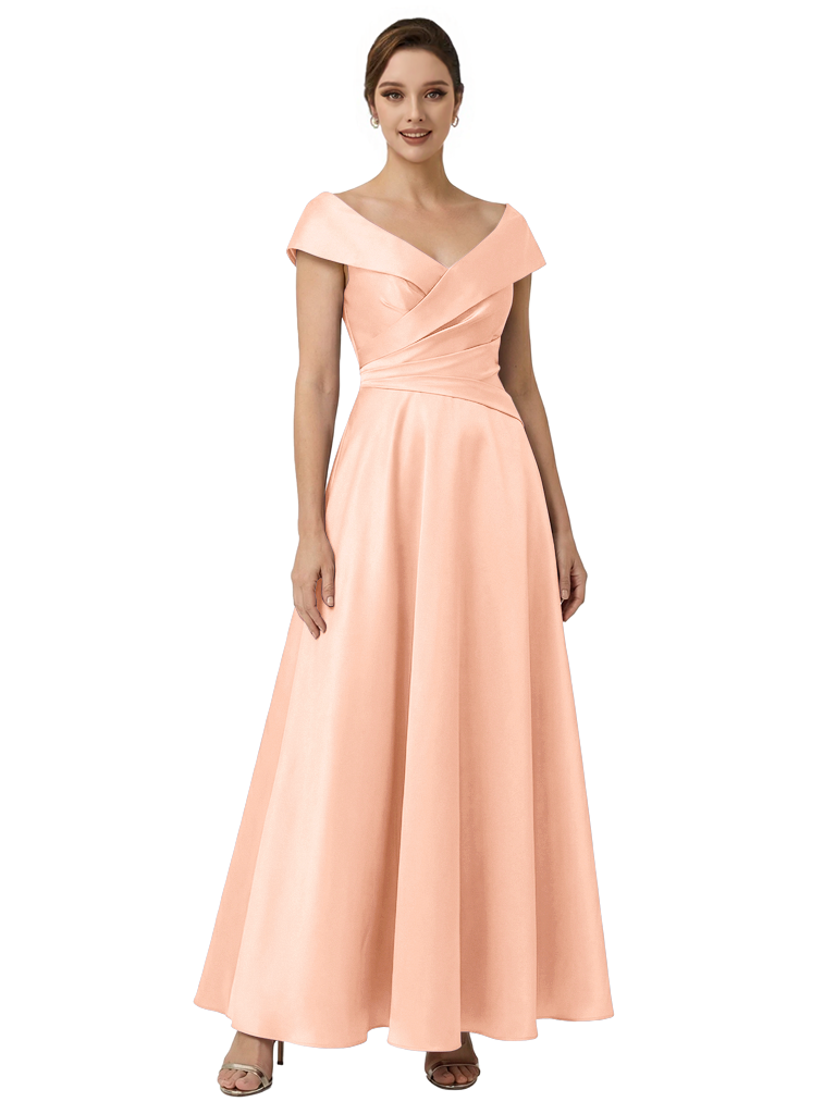 Sophisticated Off Shoulder Sleeveless A-Line Satin Mother Of The Bride Dress
