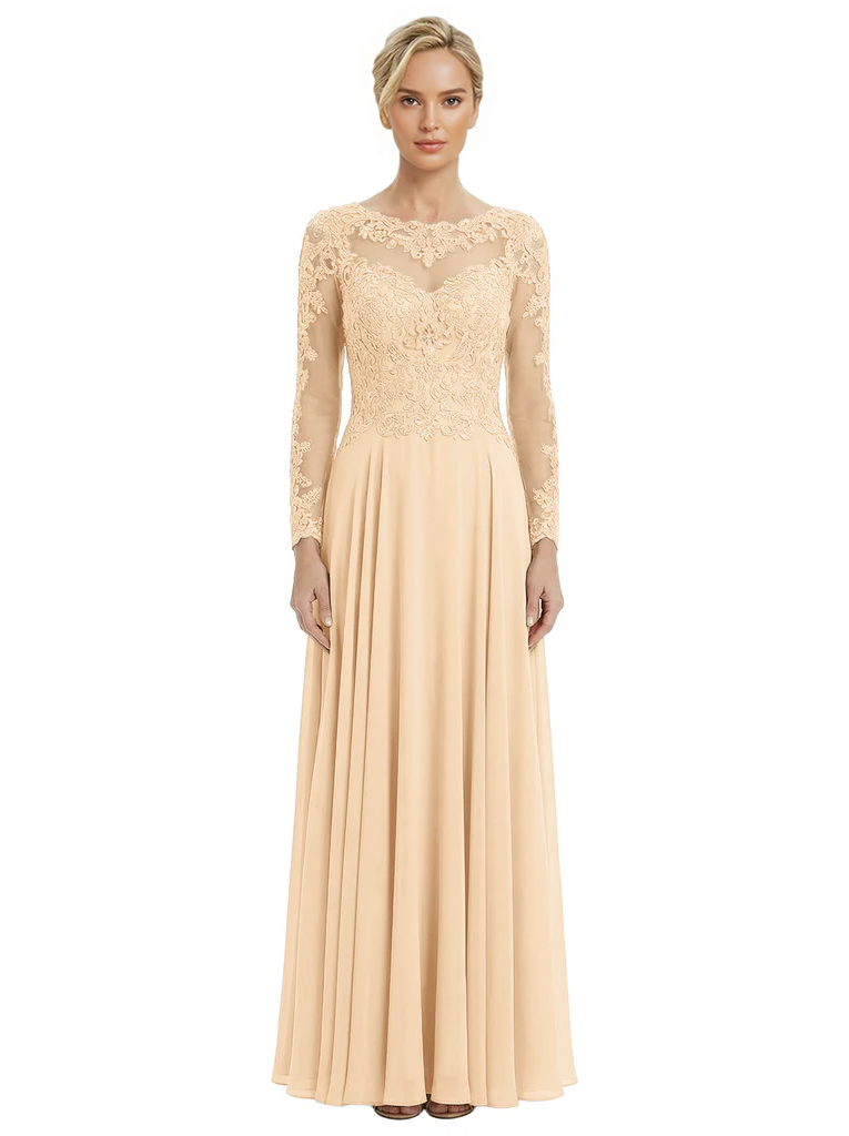 Mother of The Bride Dresses Scoop Long Sleeve Lace Chiffon Maxi Gown Pretty Embroidered Formal Wedding Event Attire