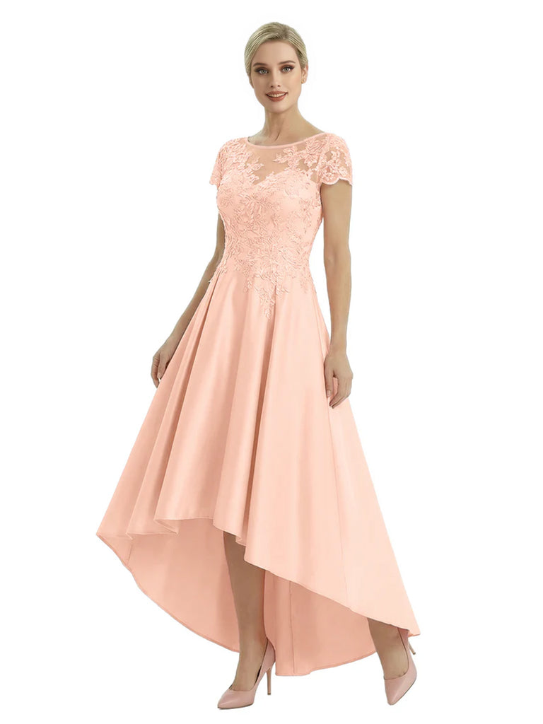 Elegant Mother of The Bride Dress Scoop Short Sleeve Lace Satin High-Low A-Line Gown