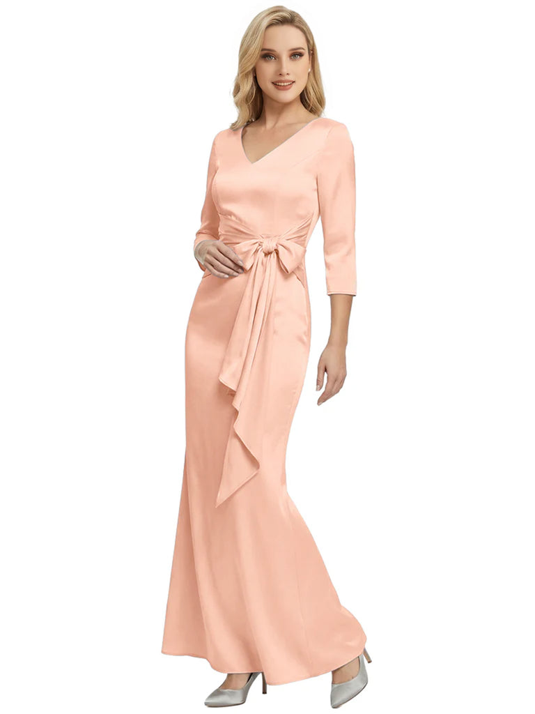 Mother of The Bride Dress Elegant V-Neck 3/4 Sleeve Satin Trumpet Maxi Gown