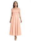 Mother of The Groom Dress Off Shoulder 3/4 Sleeve Lace Satin Midi Gown Classy Pleated