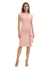 Mother of The Bride Dress Beautiful Jewel Cap Sleeve Crepe Sheath Midi Gown Ruffled Stylish Design