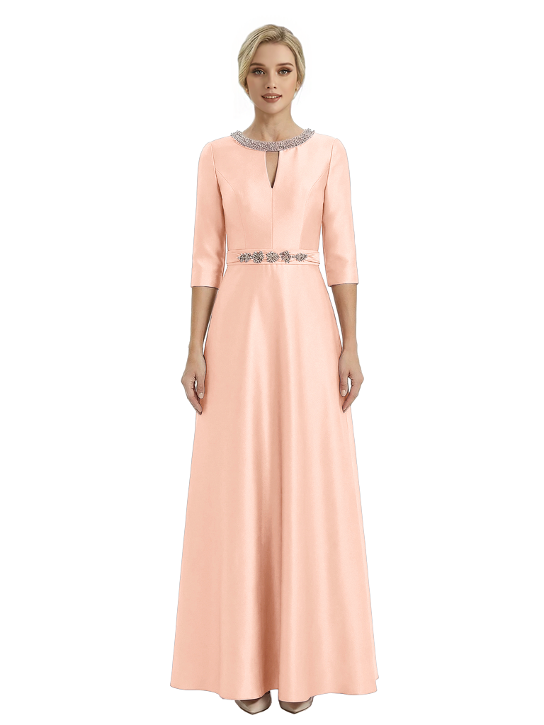 Sophisticated 3/4 Sleeves Beaded A-Line Satin Mother Of The Bride Dress