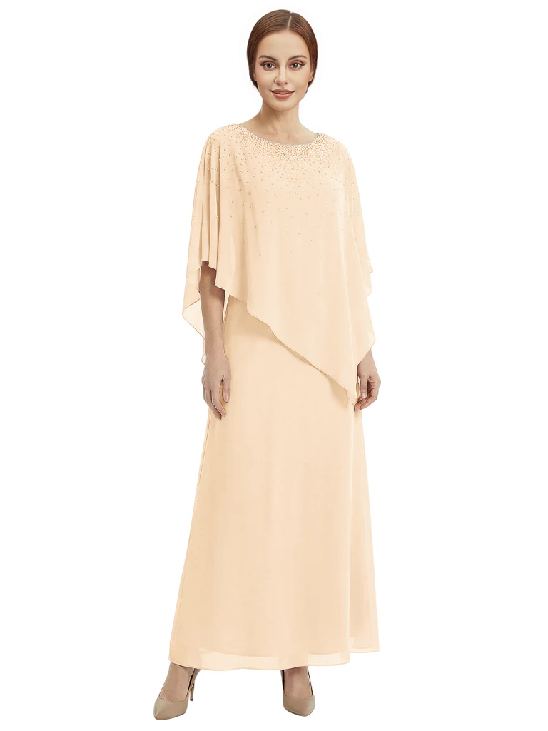 Classy Beaded Chiffon Overlay Poncho Style Mother of the Bride Gown
