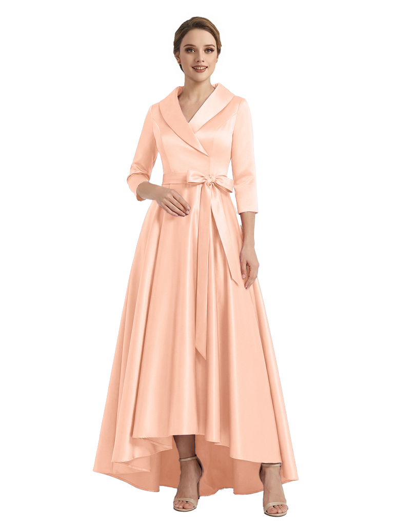 Modern High-Low 3/4 Sleeves Satin Mother Of The Bride Dress With Bow Knot