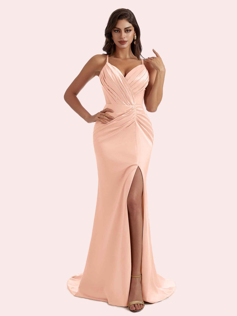 Cetims Elegant Mermaid Pleats Side Split V neck Spaghetti Strap Soft Satin Long Bridesmaid Dress For Wedding Gold Cetims Elegant Mermaid Pleats Side Split V neck Spaghetti Strap Soft Satin Long Bridesmaid Dress For Wedding Gold