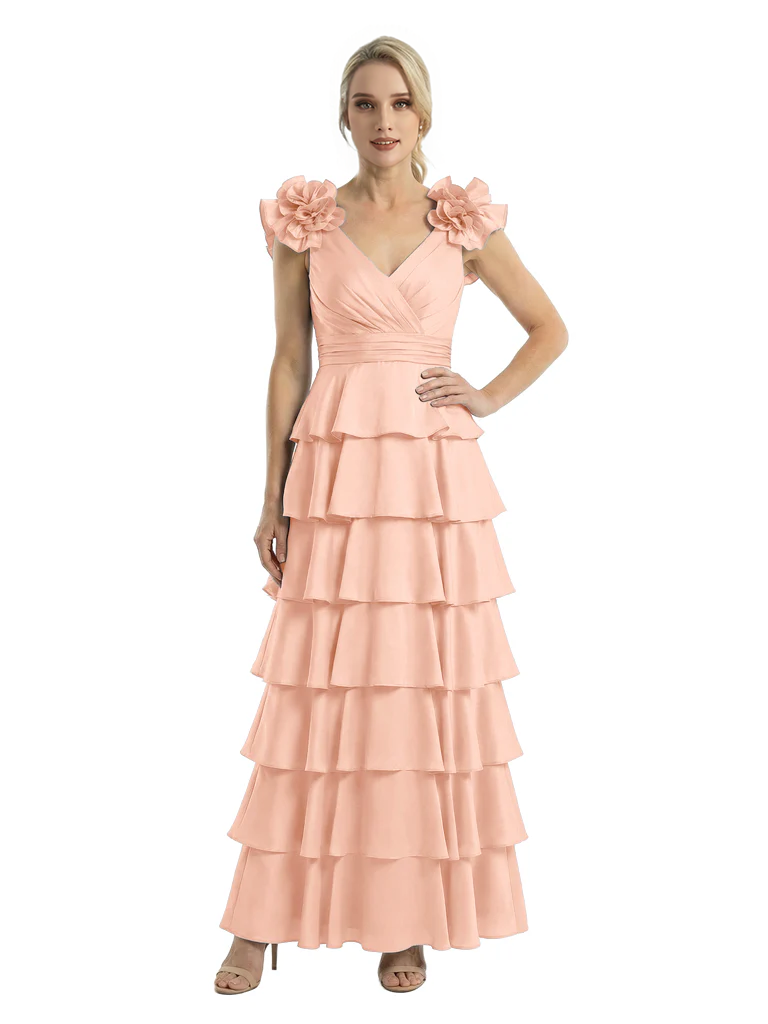 Mother of The Bride Dresses V-Neck Sleeveless Satin Tiered Maxi Gown Unique Flower Detailed Formal Wedding Event Attire