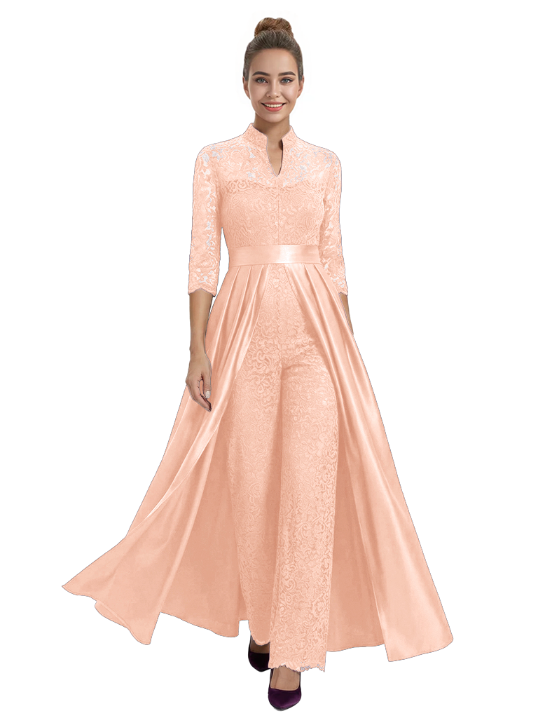 Mother of The Groom Outfit V-Neck 3/4 Sleeve Lace Pantsuit Satin Overskirt