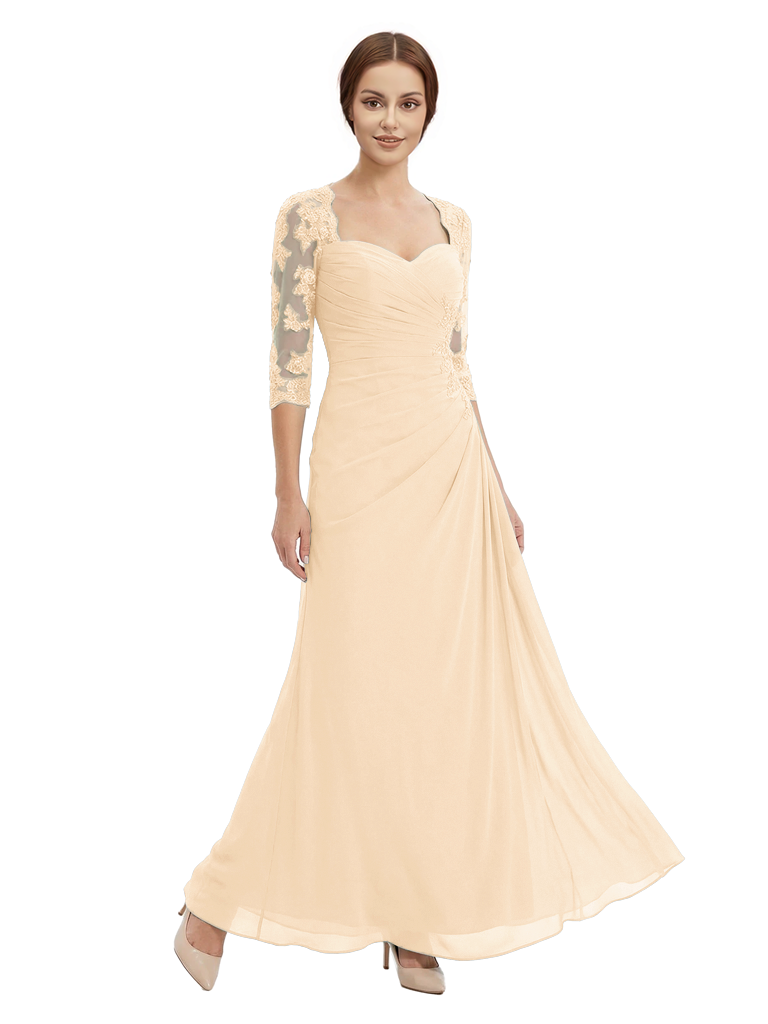 Sweetheart Ruched Lace 3/4 Sleeves A-Line Chiffon Mother Of The Groom Dress