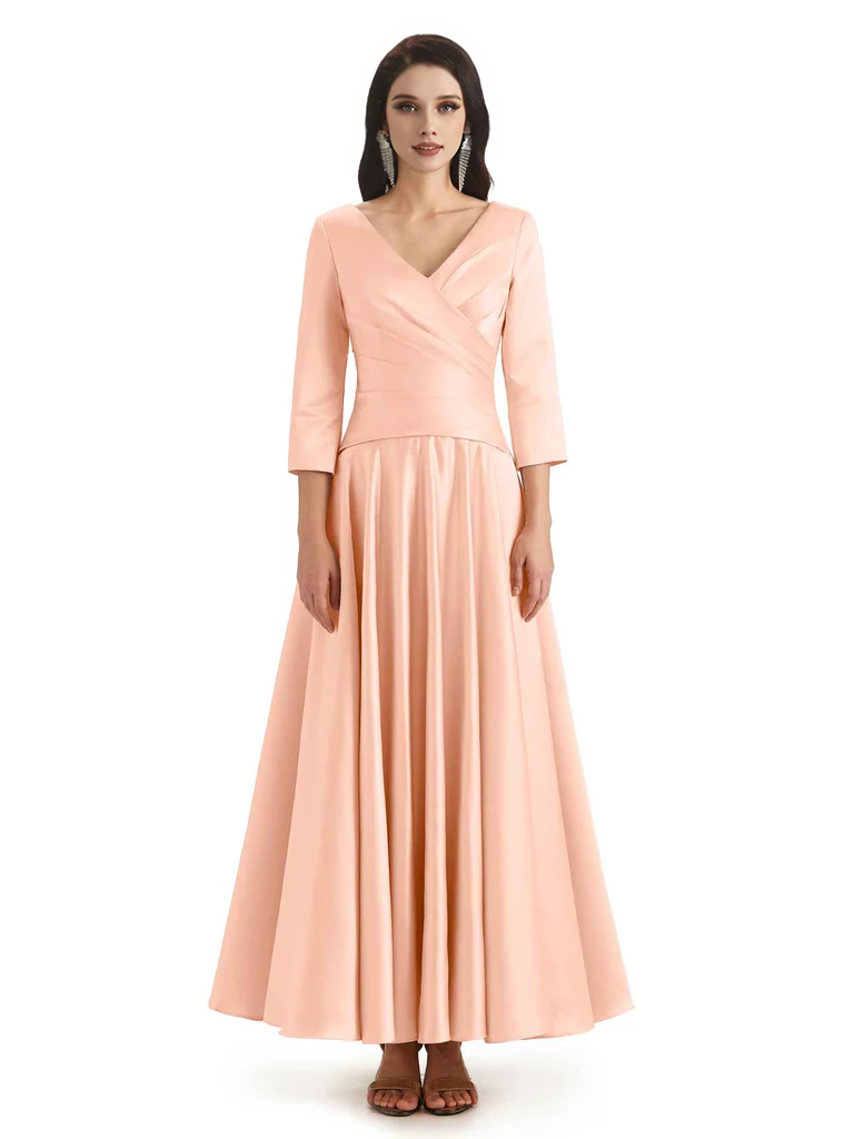 Elegant Soft Satin 3/4 Sleeves V-Neck Ankle Length Mother of The Bride Dresses