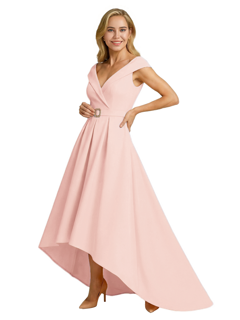 Mother of The Groom Dress Fancy Cap Sleeve Crepe High-Low A-Line Gown Elegant Belt Accent