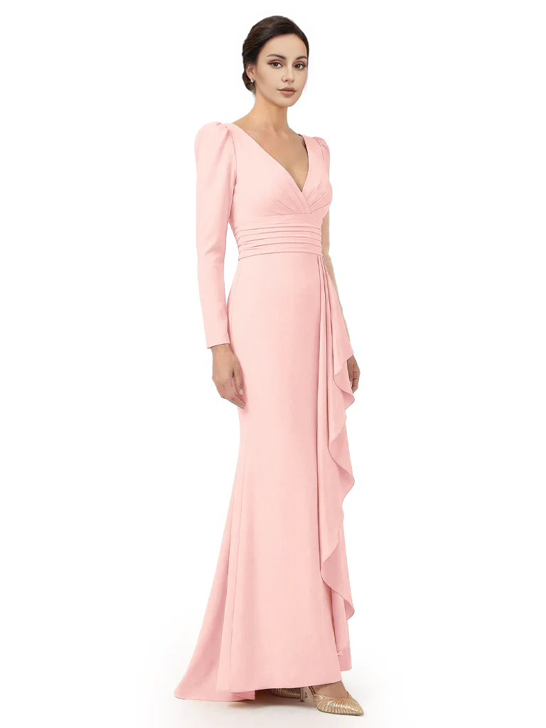 V-Neck Long Sleeves Ruffle Crepe Mother Of The Groom Dress Mermaid
