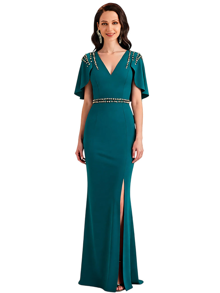 Elegant V-neck Flutter Sleeves Mermaid Slit Crepe Mother Of The Bride Dresses