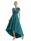 Elegant Mother of The Bride Dress Scoop Short Sleeve Lace Satin High-Low A-Line Gown