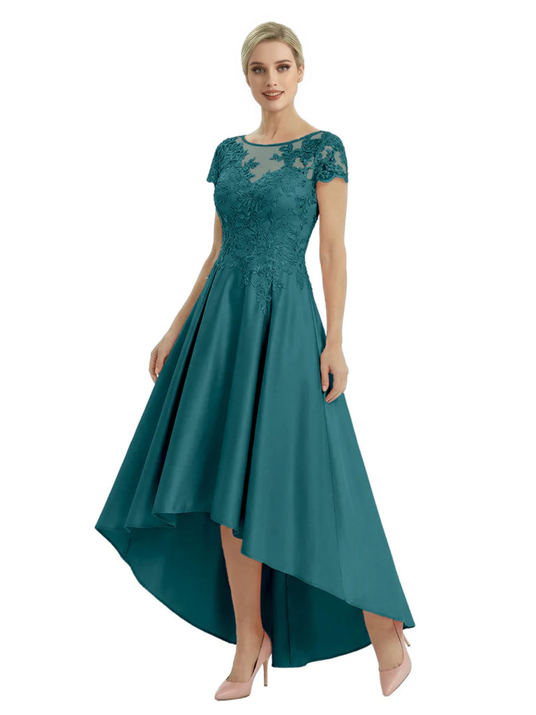 Elegant Mother of The Bride Dress Scoop Short Sleeve Lace Satin High-Low A-Line Gown