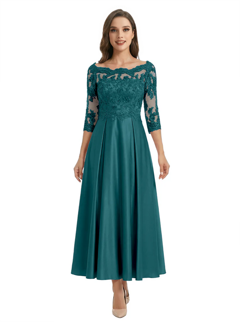 Mother of The Groom Dress Off Shoulder 3/4 Sleeve Lace Satin Midi Gown Classy Pleated