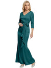 Mother of The Bride Dress Elegant V-Neck 3/4 Sleeve Satin Trumpet Maxi Gown