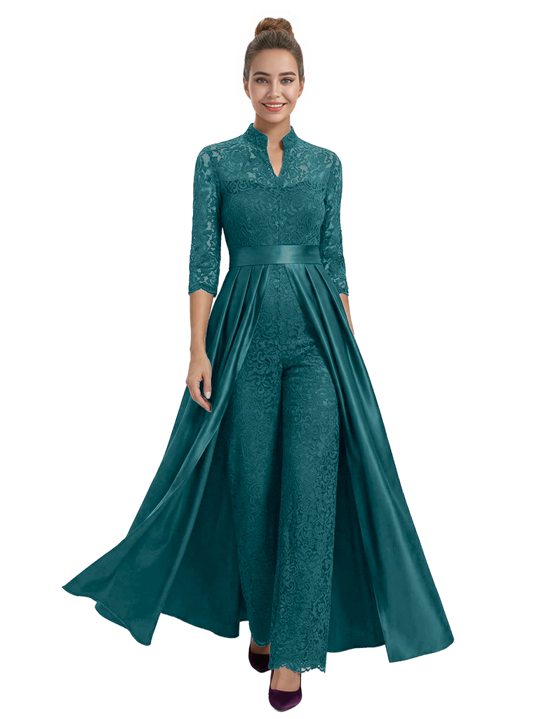 Mother of The Groom Outfit V-Neck 3/4 Sleeve Lace Pantsuit Satin Overskirt