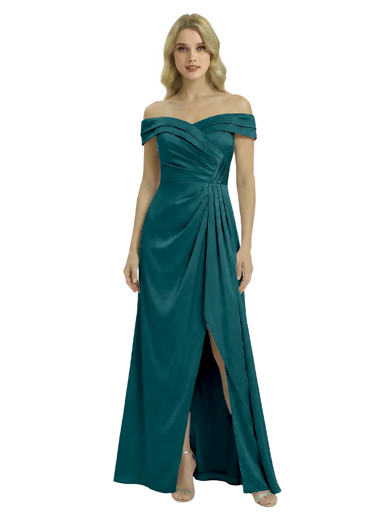 Off The Shoulder Mother Of The Groom Dresses Side Slit Satin Ruched A-Line Gown
