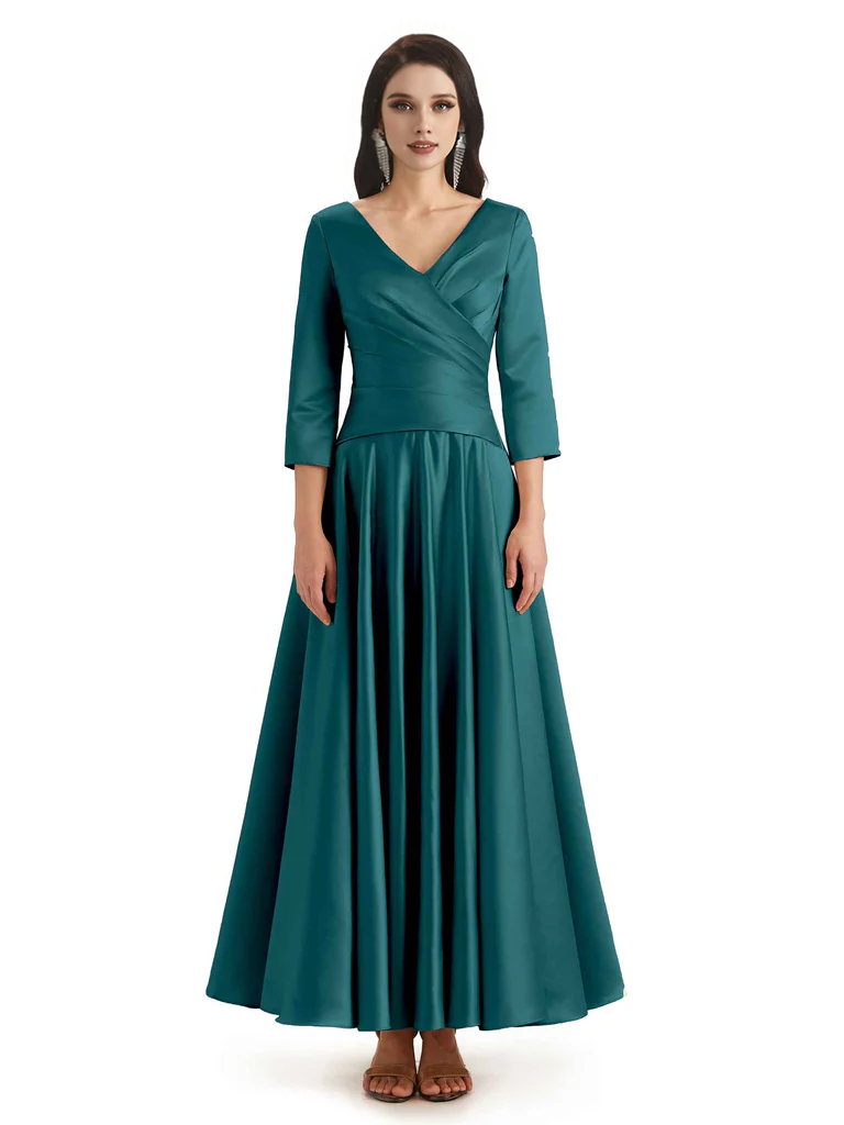 Elegant Soft Satin 3/4 Sleeves V-Neck Ankle Length Mother of The Bride Dresses