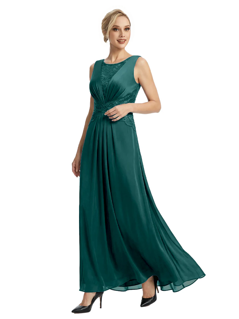 Mother of The Bride Dresses Scoop Sleeveless Lace Chiffon Maxi Gown Classy Ruched Formal Wedding Event Dress