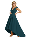 Mother of The Groom Dress Fancy Cap Sleeve Crepe High-Low A-Line Gown Elegant Belt Accent