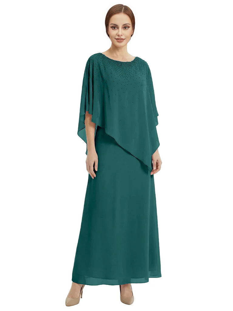 Classy Beaded Chiffon Overlay Poncho Style Mother of the Bride Gown