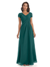 Elegant Short Sleeves Beaded Pleats A-line Floor-Length Mother of The Bride Dresses